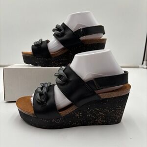 OTBT Fair Isle Black Leather Wedge Sandals‎ Platform Slingback 8.5M Comfort